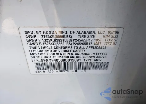 2009 Honda Pilot Ex-L z USA, uszkodzony, nr VIN 5FNYF48509B012091